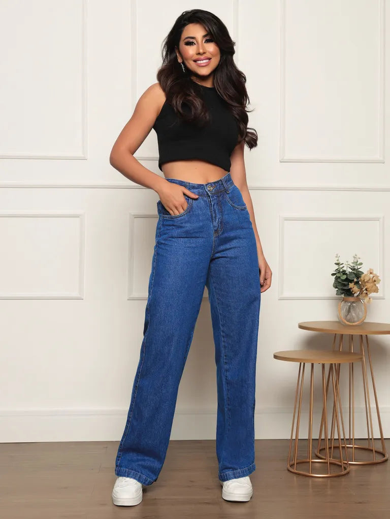 Calça Jeans Feminina Cintura Alta Pantalona